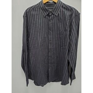 George Shirt Mens‎ L 42-44 Black Gray Striped 100% Cotton Long Sleeve New